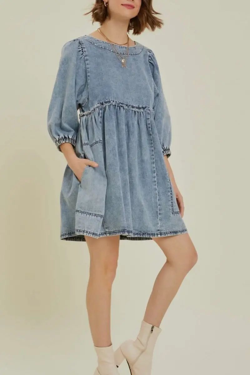 Cutout Round Neck Balloon Sleeve Denim Dress - Love Salve